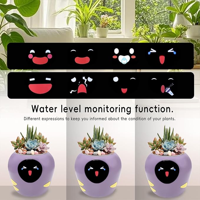 Odpaltoy Smart Plant Pot with Expression, AI Intelligent Flower Pot for Indoor Decoration, Smart Garden Pot with Water/Light/Temperature Sensors, Ivy AI Planter (Purple（Big）)