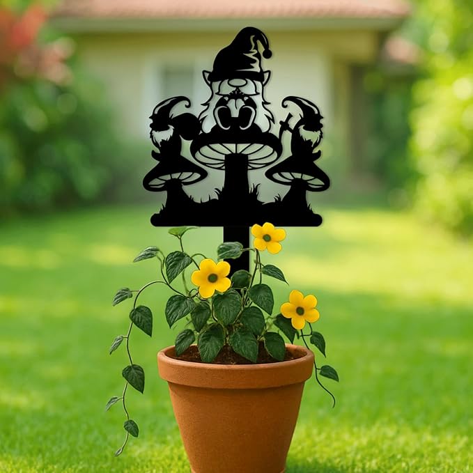 Magilab Personalized Iron Yard Stake - Christmas Cute Gnome Dwarves Decor, 8-Inch Black Metal Garden Sign for Outdoor (Style S)