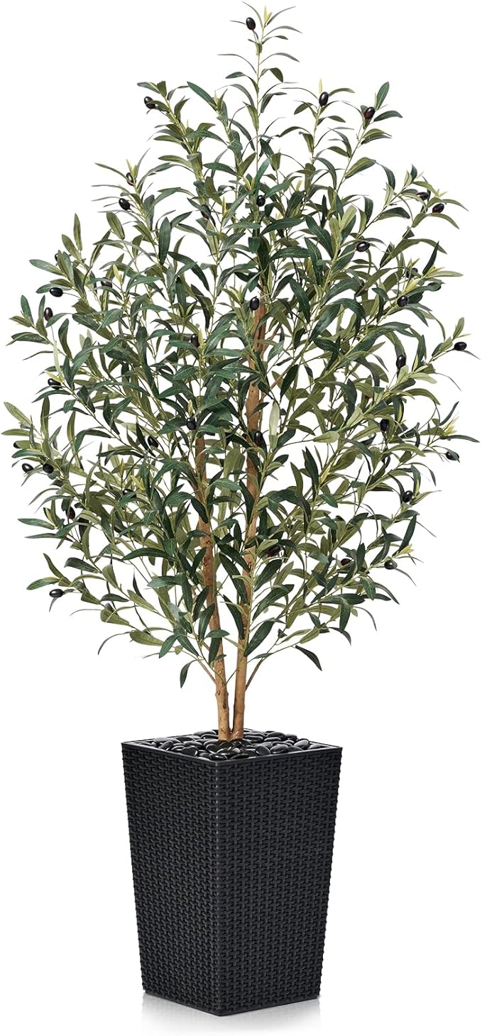 OAKRED Artificial Olive Tree 5FT Faux Olive Tree - Adjustable Branches UV Resistant with Black Taper Planter and Pebbles - Faux Plants Indoor for Living Room, Office Decor and Bedroom