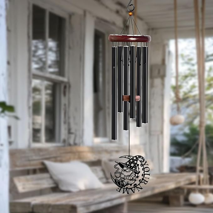 Personalized Customize Name Gnome Wind Chime, Metal Iron 37 Inch Outdoor Memorial Gift for Garden Yard Patio Home Decor, Black，Christmas (Style H)