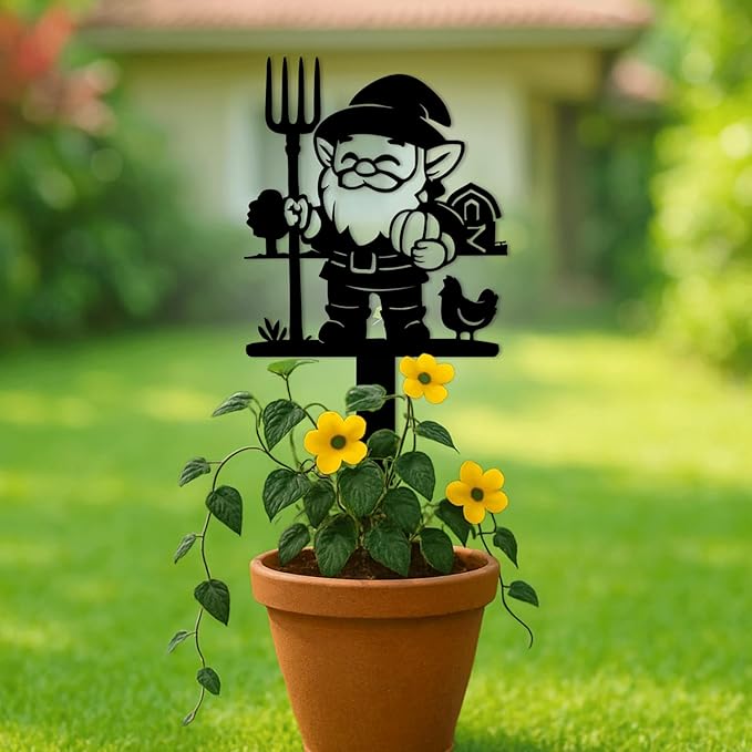 Magilab Personalized Iron Yard Stake - Christmas Cute Gnome Dwarves Decor, 8-Inch Black Metal Garden Sign for Outdoor (Style B)