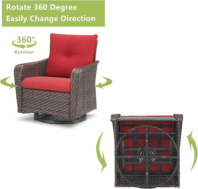 Rilyson Outdoor Patio Swivel Rocker Chairs - 2 PC Wicker Rattan Patio Rocker Glider Chair Set with High Back,Comfy Cushions and Deep Seating for Porch Deck Backyard Garden(Brown/Red)