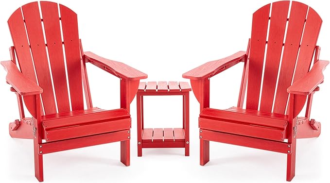 Folding Adirondack Chair Set with Side Table - HDPE Outdoor Patio Chairs, Weatherproof Chair with Reclining Back, Cup & Phone Holder, and 2-Tier Storage End Table for Firepit or Garden (Red)
