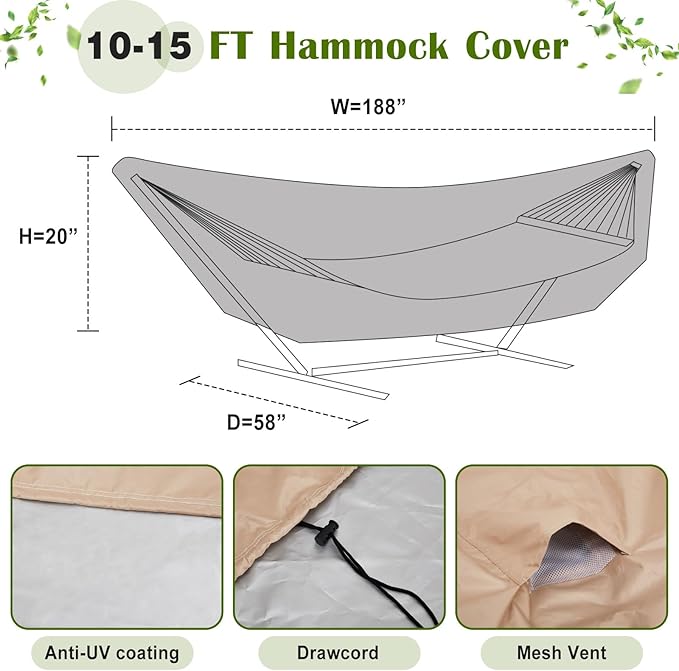 Tranqun 14-15 ft Hammock Cover 188" W x 58" D x 20" H Heavy Duty 420d Oxford Weather Resistant Cover Waterproof Protection for Hammocks Stand Outdoor Garden, Buckle Straps, Double Stitched Seams