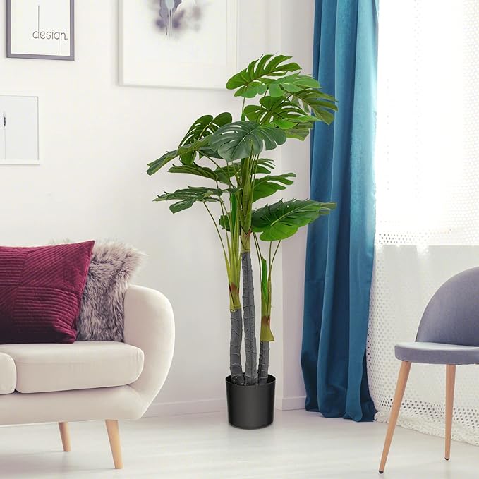 GOFLAME 4ft Artificial Monstera Deliciosa Plant, Faux Tree in Pot with 20 Large Leaves, 3 Trunks & Realistic Moss, Swiss Cheese Plant, Tropical Monstera Palm Tree for Home Office Garden Decor