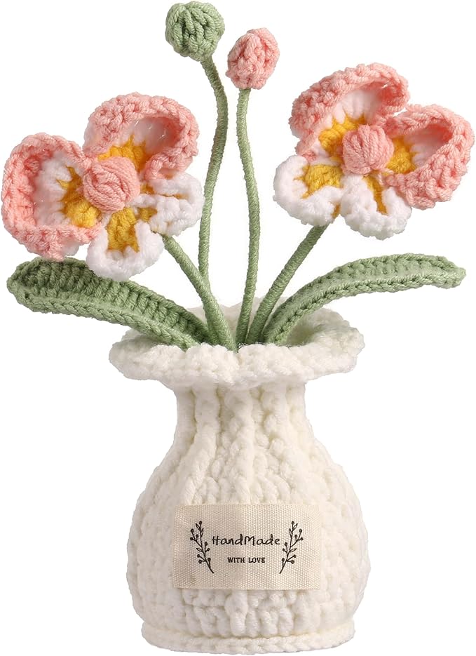 YOOJEE Orchid Crochet Flower Pot Blush Pink Handmade Knitted Phalaenopsis Desk Decor for Home Office