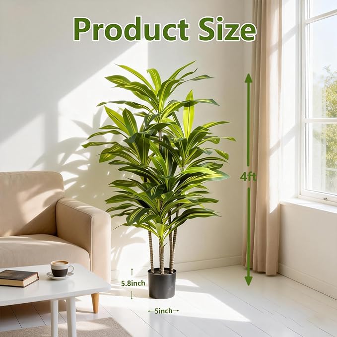 Dracaena Artificial Plant Indoor 4FT - Tall Faux Floor Plant in Pot - Large Tropical Fake Tree with Lifelike Leaves - Artificial Dracaena Tree for Home Office Living Room Decor