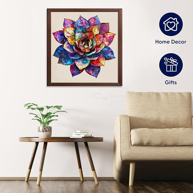 Delobil Wooden Puzzles for Adults, Stained Glass Succulent 200 Pieces Jigsaw Puzzles, Unique Shaped Plant Puzzle Gift for Kids, Family Puzzle Game, 11.2 x 11.1 Inches