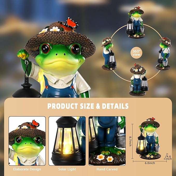 YHSOLAR Solar Garden Decor - Frog Statues with Lantern 9" Resin Solar Frogs for Outdoors Patio Yard Porch Lawn Balcony Decor Ideas Animal Lover Gardening Gifts for Women Mom Wife