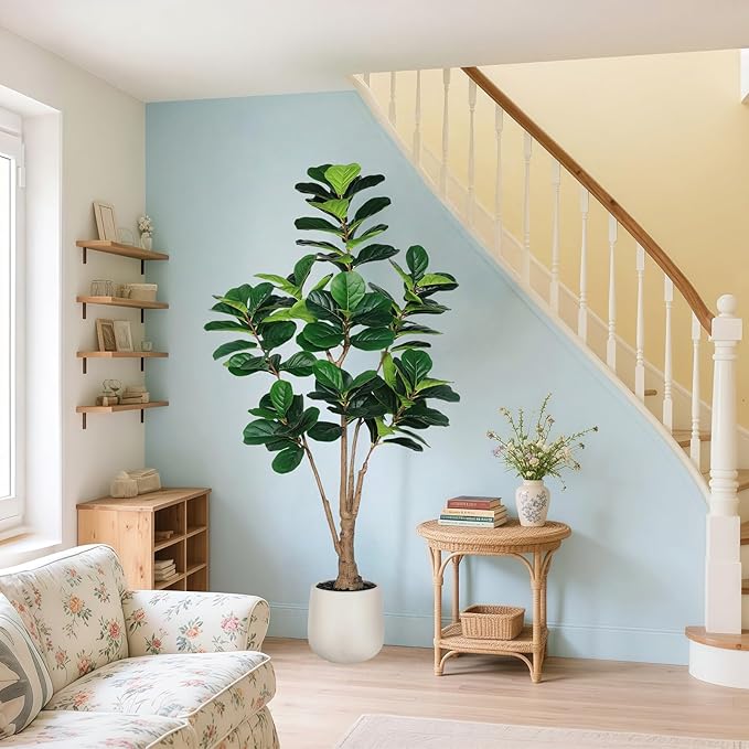 Artificial Fiddle Leaf Fig Tree with White Planter and Black Pebble, 6 FT Faux Ficus Lyrata with Thick Trunk and Emerald Leaves, Fake Ficus Tree for Hotel, Shop, Modern Home Indoor Decoration