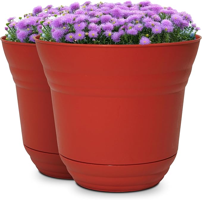 Headwind Traverse Planters – 14" 2 Pack Plastic Plant Pot in Brick Red - Indoor & Outdoor Pots for Plants with Drainage - Decorative Plant Pot, Flower Pots Outdoor for Garden by Robert Allen