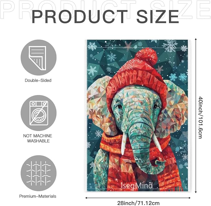 Elephant with Red Scarf and Hat Snowflake Christmas Garden Flag, 28x40 Inch Double Sided Linen Holiday Red Winter Farmhouse Yard Outdoor Decoration (4325)