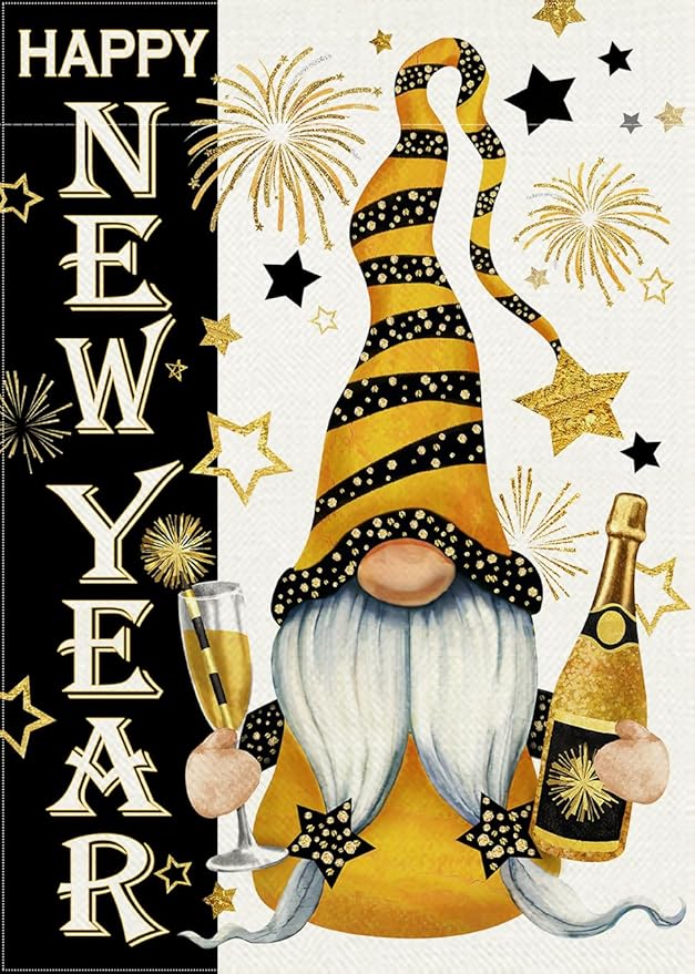 Happy New Year Gnome Decorative Garden Flag, Christmas Winter Celebration Champagne Fireworks Stars Yard Decorations, 2026 Black Gold Outdoor Small Burlap Home Decor Double Sided 12 x 18