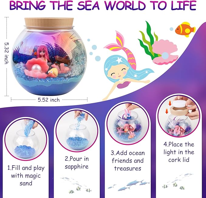 Mermaid Terrarium Kit for Kids - LED Night Light with Remote, DIY Arts and Crafts Birthday Gifts, Mermaid Gifts for Girls Ages 6-12