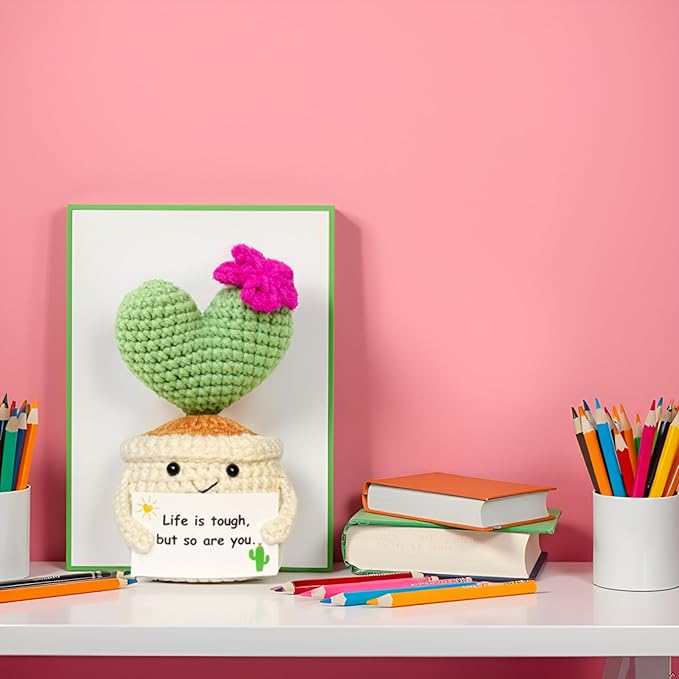BRIFUFOUS Get Well Gifts for Women, Handmade Crochet Cactus – Plush Plant Gift with Encouragement Card for Desk Decor, Home or Office Decoration