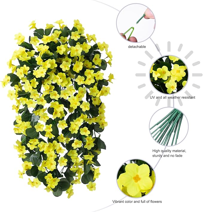 Artificial Fake Hanging Plants Flowers for Outdoor Outside, 2 PCS Faux Silk Yellow Daisy Mums Long Vines UV Resistant Realistic for Home Porch Patio Balcony Planter Decoration