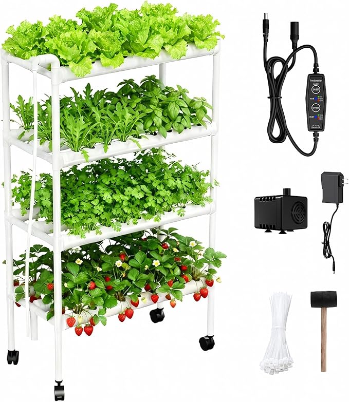 Hydroponics Growing System Kit with Wheels, 108 Plant Sites Gardening Aquaponics Tower, 4-Tier Food-Grade PVC-U Pipes Water Pump Timer for Leafy Vegetables, Indoor, Outdoor (34"x62"x15" in 108 Holes)