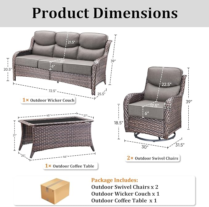 Luxury High Back Patio Furniture Set with 6-Inch Thick Cushions, 4-Pieces Outdoor Furniture with Swivel Chairs, Wicker Conversation Set for Porch, Balcony, Deck and Yard, Brown/Grey
