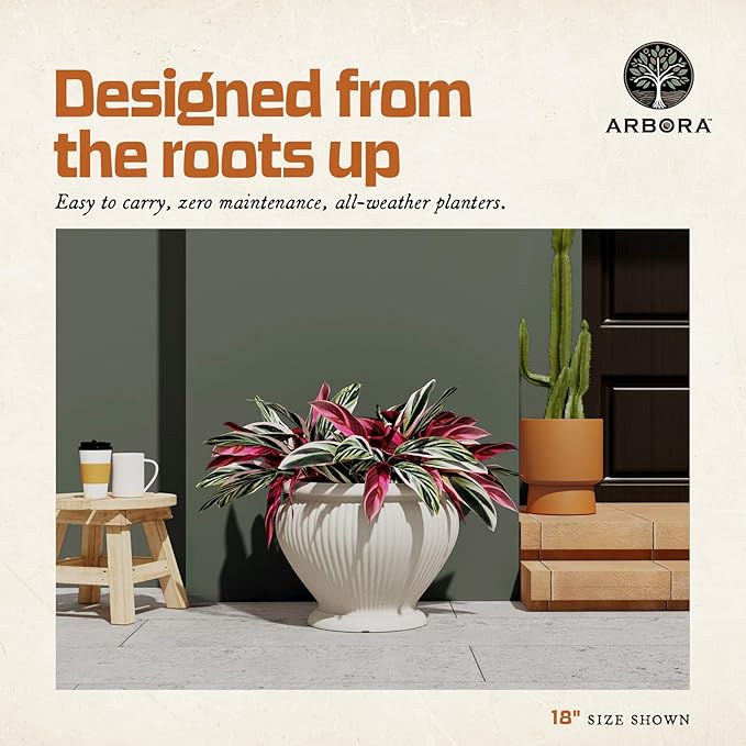 ARBORA 18" Cannes Urn Polyresin Indoor and Outdoor Planter with Classic Cream Finish - Durable, Weatherproof, Lightweight, Large Plant Pot for Patio, Garden, Deck, Entryway