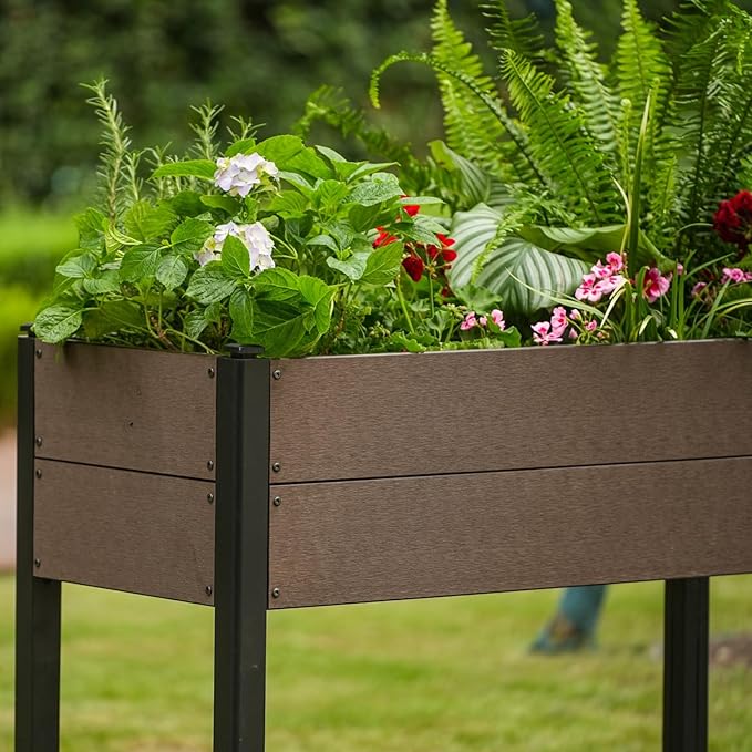 42" l x 33"h HDPE Elevated Garden Bed with Storage Shelf - Wood Grain Finish, All-Weather Standing Planter Box with Sturdy Black Aluminum Frame for Vegetables, Herbs on Patio, Balcony & Outdoors