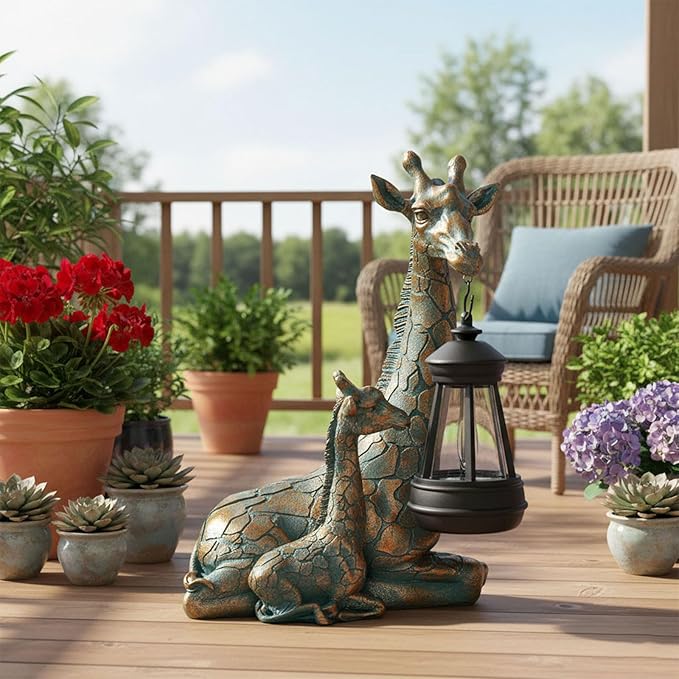 YHSOLAR Solar Garden Decor - Mother Baby Giraffe Statue with Solar Lantern 9.7" Resin Giraffe Figurine Outdoor Patio Yard Porch Decor Gifts for Mom Grandma Women Gardeners