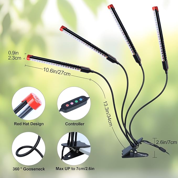 GroCruiser 4-Head Strong Clip Grow Lights for Indoor Plants, Seed Starting, Bonsai, Succulent, Cactus with Timer, 36 Watt Power Home Plug, Enough High-Intensity Like Sun, Best Gift for Plants Lover