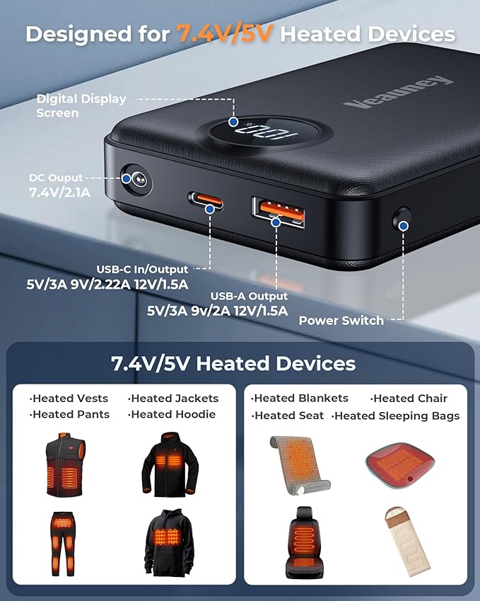 7.4V 5V 20000mAh Heated Vest Battery Pack Compatible with ORORO, for 7.4V Venustas, Battery Pack for Heated Vest with 7.4V DC Port, Rechargeable Power Bank for OCQOCQ, for TODWARM, for Weamest(No 12V)