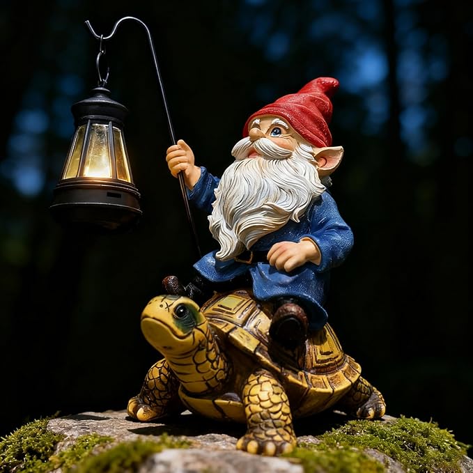 Garden Gnome Statue - Riding Turtle Outdoor Garden Statue Decorations with Solar LED Lights, 7.9" Figurine Ornament for Patio, Yard, Funny Lawn Decor Valentine's Day Gifts for Her, Wife, Sister