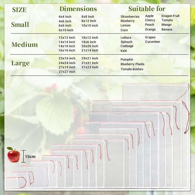 Mesh Fruit Protector Bags, 50 PCS 14x21 Inch Large Fruit Bags for Fruit Trees, Durable Garden Barrier Netting Bag Protect Watermelon Cantaloupe Mango Apricot from Insect Pest Bird