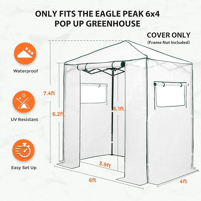 EAGLE PEAK Replacement Cover for 6x4 Portable Walk-in Pop up Greenhouse, Front Roll-Up Zipper Entry Door and 2 Roll-Up Side Windows (Frame Not Included), White
