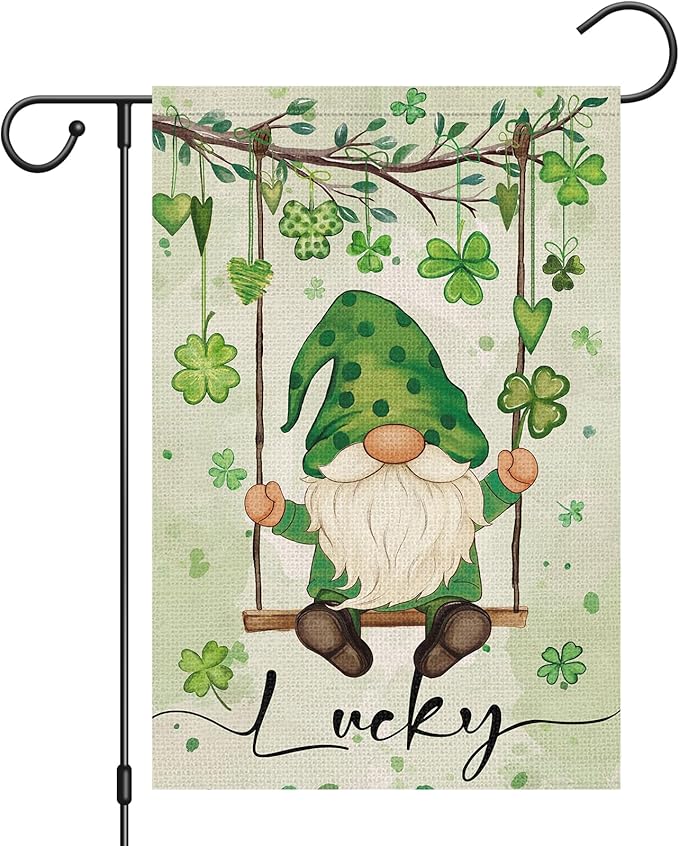 Heyfibro Lucky St. Patrick's Day Garden Flag 12x18 Double Sided Burlap, Gnome with Shamrocks Hanging Swing Yard Banner for Spring Seasonal Irish Holiday Farmhouse Outdoor Decor(ONLY FLAG)