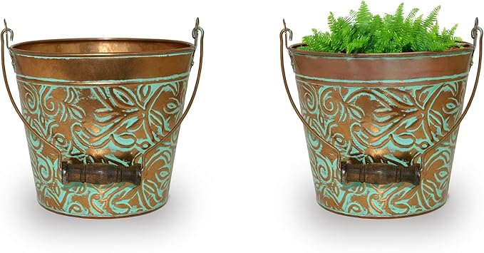 Headwind Robert Allen Vintage Floral Metal Planter with Handle, 12-Inch, Vintage Copper – Lightweight Indoor/Outdoor Flower Pot with Drainage Hole