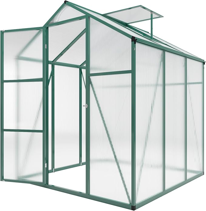 Greenhouse for Outdoors 6.1x6.1x7.2FT, Polycarbonate Green House with Roof Vent, Lockable Door and Ground Nails, Heavy Duty Aluminum Walk-in Greenhouse, Large Sunroom for Garden, Green