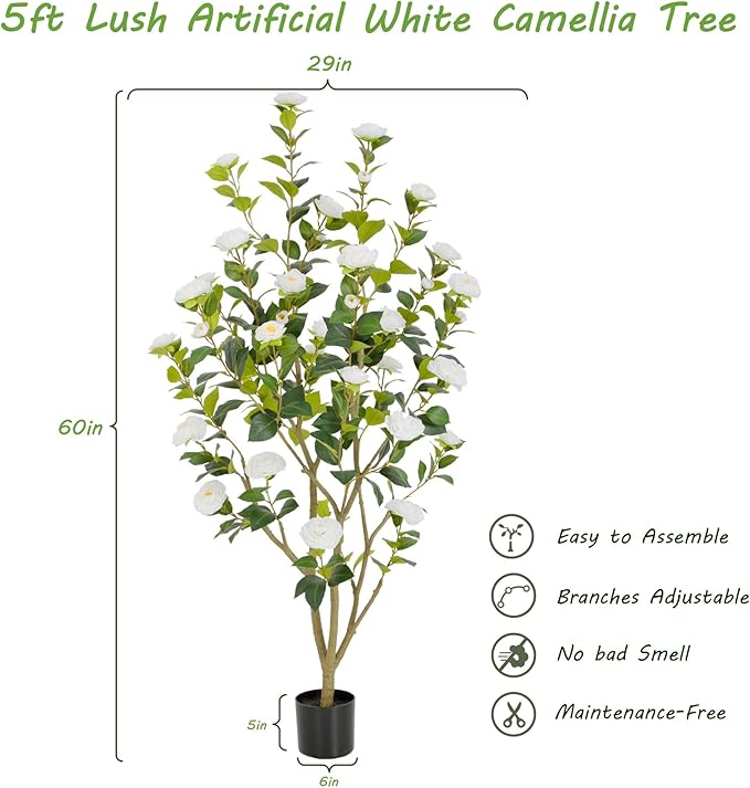 Nafresh 5FT Lush Artificial White Camellia Tree Outdoor 2 Pack, 60inch Faux Camellia Plant, Fake Camellia Flowers Tree for Indoor Outdoor Living Room Home Patio Front Door Garden Decor