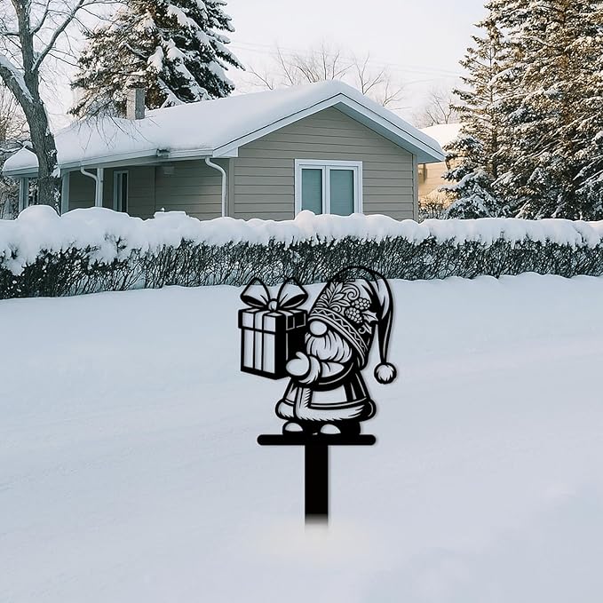 Magilab Personalized Iron Yard Stake - Christmas Cute Gnome Dwarves Decor, 8-Inch Black Metal Garden Sign for Outdoor (Style O)