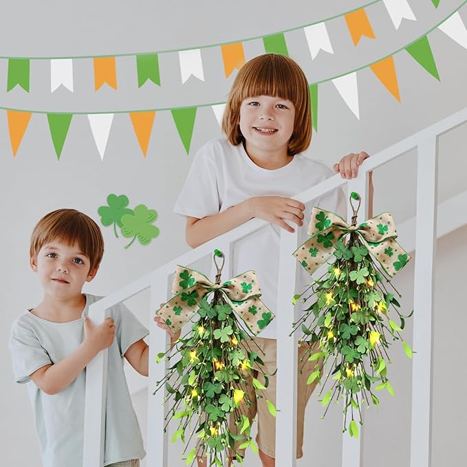 2 PCS St.Patrick's Day Swag Wreath for Front Door Artificial Shamrock Teardrop Swags Wreath Lucky Irish Kitchen Cabinet Wreaths for Home Indoor Outdoor Porch Wall Window Fireplace Mantel Decoration