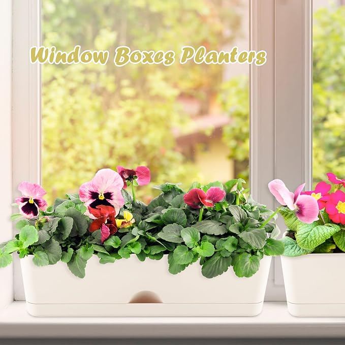 6-pack Large Window Boxes Planters 16 Inch Rectangle Plant Box Rectangular Planters for Outdoor and Indoor Plants Plastic Windowsill Planter for Herbs Vegetable Flowers Long Window Sill Planters