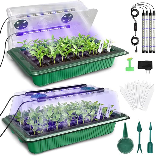 MQUPIN 80-Cell Seed Starter Tray with Grow Light, 2-Pack Adjustable Brightness Seed Starter Kit with Humidity Dome,Smart Timer,Watering Sprayer,Seeder,Plant Germination Kit for Seeds Growing