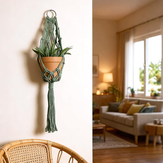 Artilady Macrame Hanging Planter for Indoor Plants, Boho Woven Plant Hanger Large Hanging Flower Pot Holders Outdoor Baskets Storage Green Wall Decor (Olive Green)