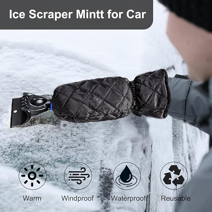 Ice Scraper with Glove - Waterproof Ice Scrapers Snow Removal Tool for Car Windshield, SUV, Truck - Comfortable Mitt Glove for Quick Ice & Snow Removal (Black)
