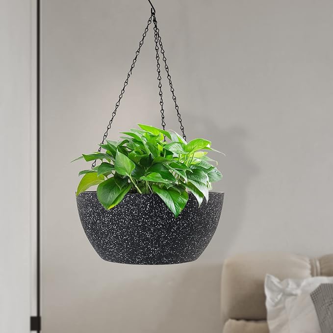 WSMKSZ 10 inch Hanging Planters for Outdoor Indoor Plants with Drainage Holes and Chain, 2 Pack Round Hanging Flower Pots for Garden Home Porch Decor, Speckled Black