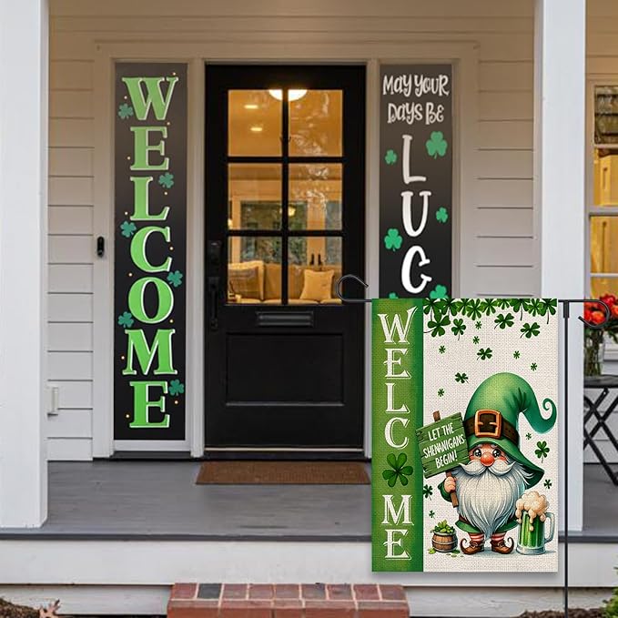 St Patricks Day Welcome Garden Flag 12x18 Inch Double Sided Gnome Lucky Shamrocks Clovers Outside Small Flag for Yard Outdoor Holiday Decoration