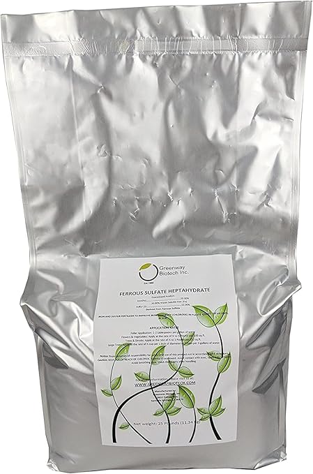 Greenway Biotech, Inc. Ferrous Sulfate Heptahydrate Fertilizer Includes 20% Iron (Fe) 12% Sulfur & 100% Water Soluble Powder- Organic Lawn Fertilizer for Vegetables and Plant Growth (2X 25 Pounds)