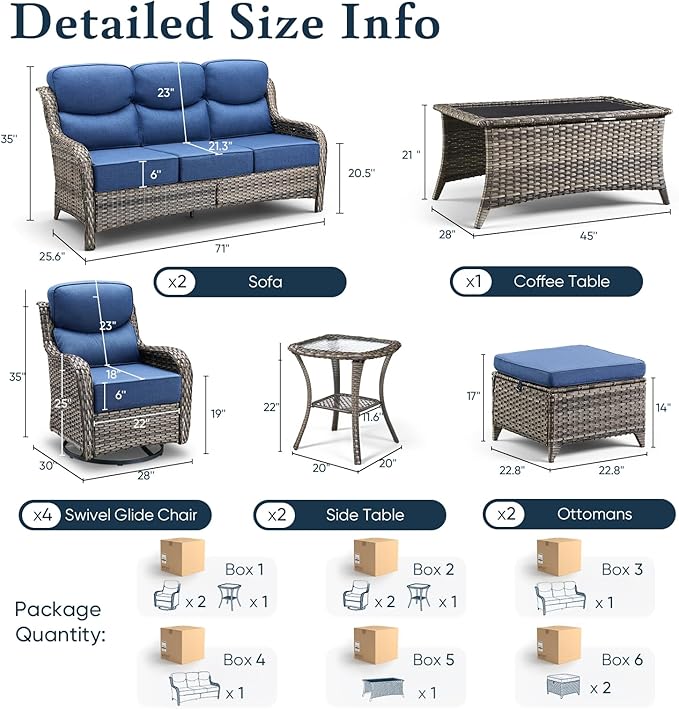 Belord Luxury 6" Thick Cushioned 11 Pieces Patio Furniture Set with Outdoor Couch, Wicker Outdoor Conversation Set with High Back Swivel Rocker Chairs for Deck Porch Yard and Poolside - Grey+Blue