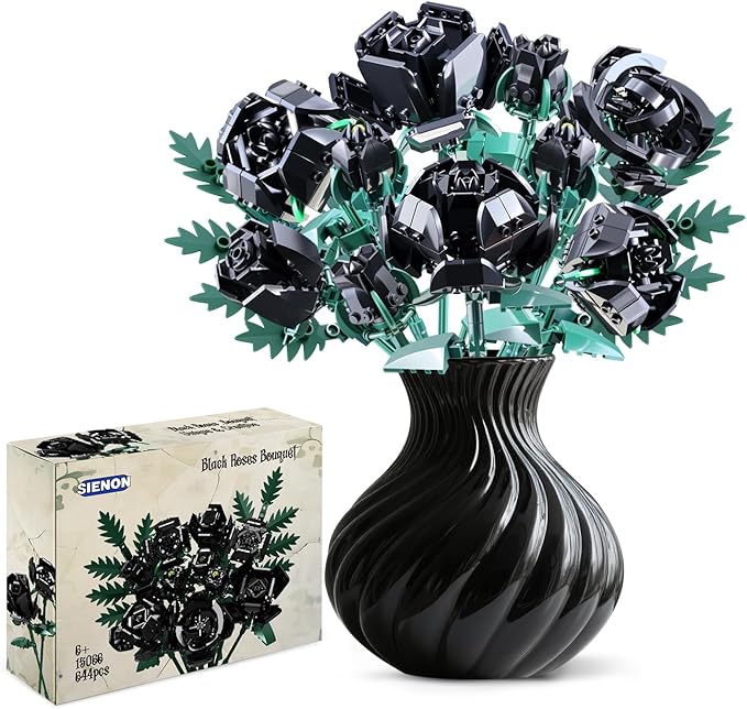 SIENON Black Rose Bouquet Building Set-10pcs Black Roses & 2pcs Leaves Botanical Collection, Artificial Flowers for Gothic Home Halloween Décor Women Gothy Teens (No Vase)
