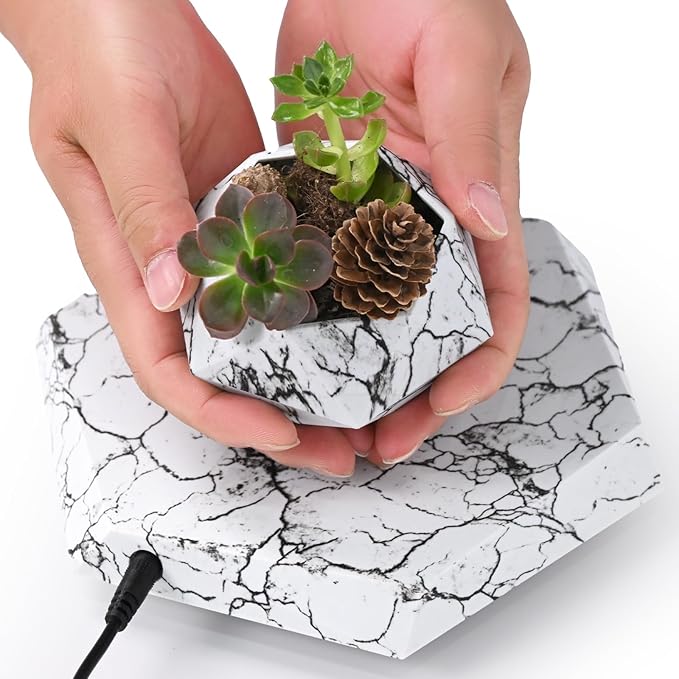 Leekimid Levitating Plant Pot, Magnetic Levitation Flower Pot Suspension Floating Plant Succulents, Air Bonsai Potted Plant for Home Decoration, Living Room, Office, Desk (Marble)