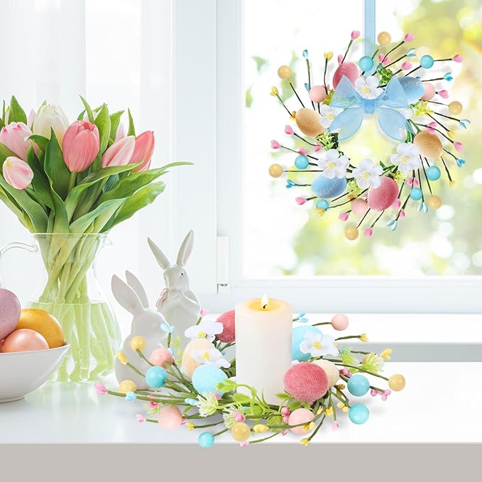 6 PCS Small Easter Wreaths for Kitchen Cabinet Mini Artificial Easter Colorful Egg Wreath for Front Door Spring Summer Hanging Wreath with Ribbon Flower Berry for Porch Window Wall Farmhouse Decor