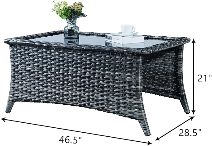 Outdoor Patio Wicker Furniture Set - 6 Piece Rattan Patio Conversation Sectional Sofa Set with 1 Couch,2 Armchairs,2 Ottomans and 1 Glass Top Coffee Table for Porch Deck Garden(Mixed Grey/Blue)
