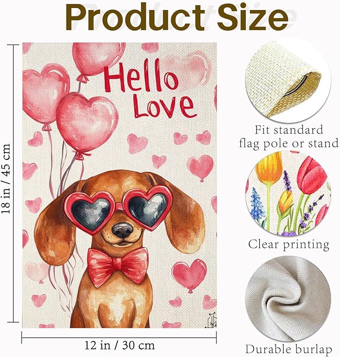 Valentine's Day Dachshund Hello Love Garden Flag, House Yard Plaid Love Heart Outside Decoration, Spring Holiday Wedding Anniversary Outdoor Small Decor 12x18(12645)