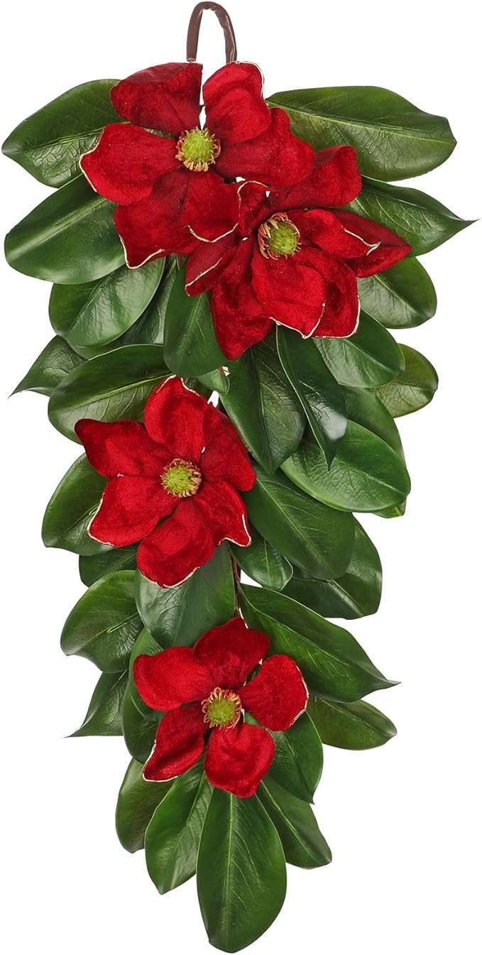 Christmas Poinsettia Teardrop Swag – 28" Artificial Magnolia Leaf Hanging Door Decoration – Holiday Front Door, Fireplace & Stairway Décor for Wedding Christmas Thanksgiving